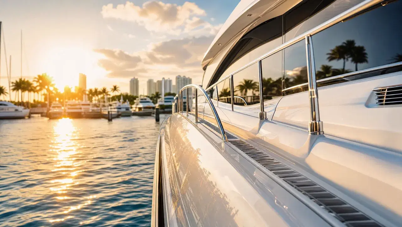 Yacht moored at a Miami Beach marina with the city skyline behind it